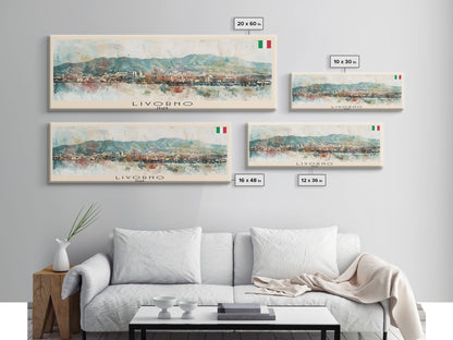 Livorno Italy Panoramic Travel Poster, Framed Canvas Print or Metal Wall Art, Travel Art, Home Decor, Panoramic Painting, Midcentury Art