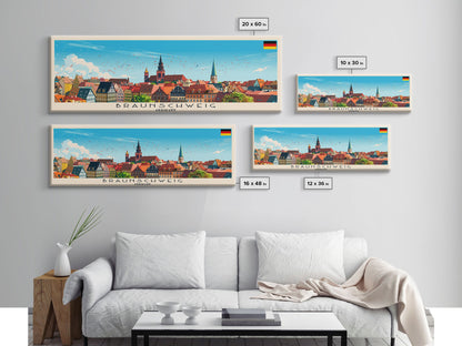 Braunschweig Germany Travel Art, City Art, Framed Canvas Print or Metal Wall Art, Europe Travel Poster, Panoramic Wall Art, Extra Wide Wall Art