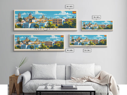 Jerez D eLa Frontera Spain Panoramic Travel Poster, Framed Canvas Print or Metal Wall Art, Travel Art, Home Decor, Panoramic Painting, Midcentury Art