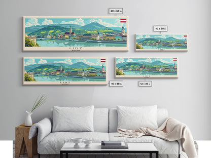 Linz Austria Panoramic Travel Poster, Framed Canvas Print or Metal Wall Art, Travel Art, Home Decor, Panoramic Painting, Midcentury Art