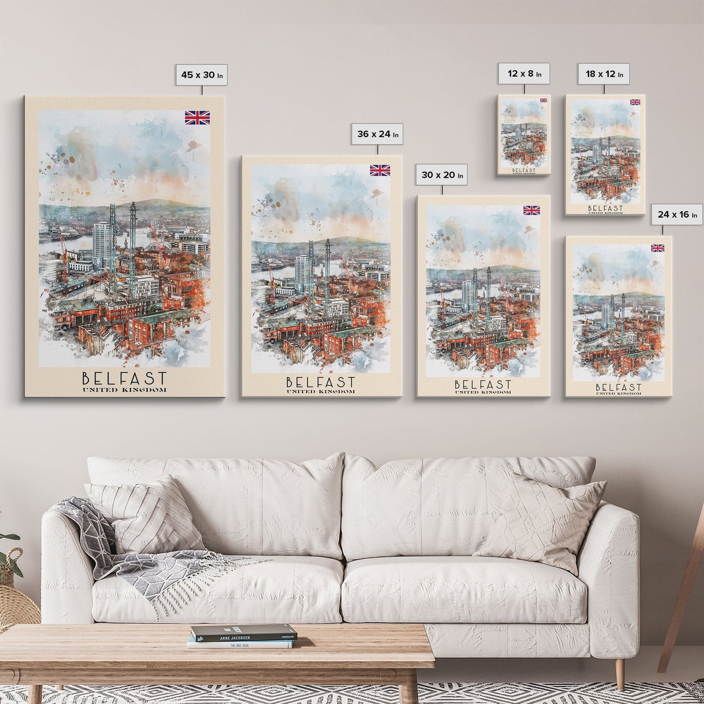 Belfast United Kingdom Travel Poster Framed Canvas Print, Wall Art, Living Room Art, Watercolor Painting, Original Art