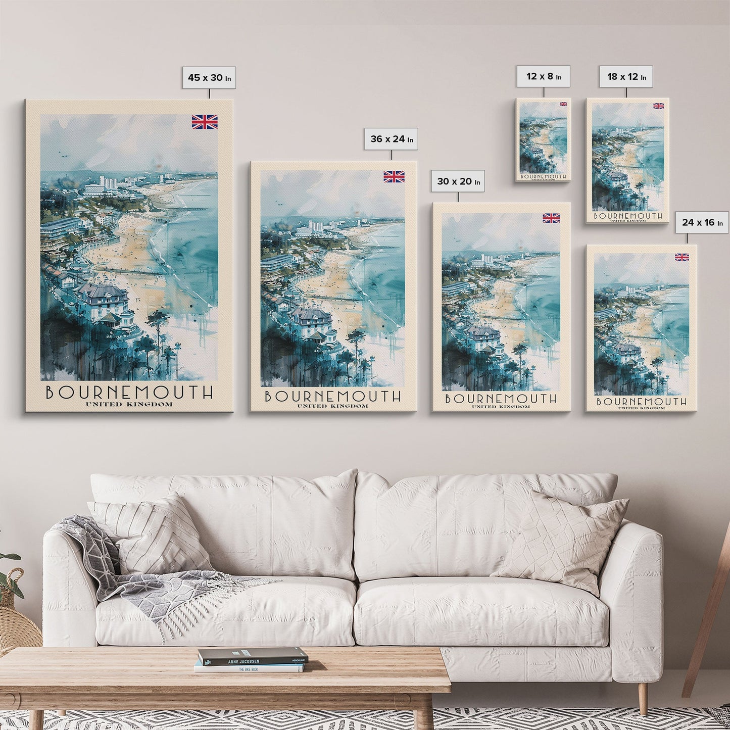 Bournemouth United Kingdom Travel Poster Framed Canvas Print, Wall Art, Home Decor, Travel Print, Beach View, Watercolor Art