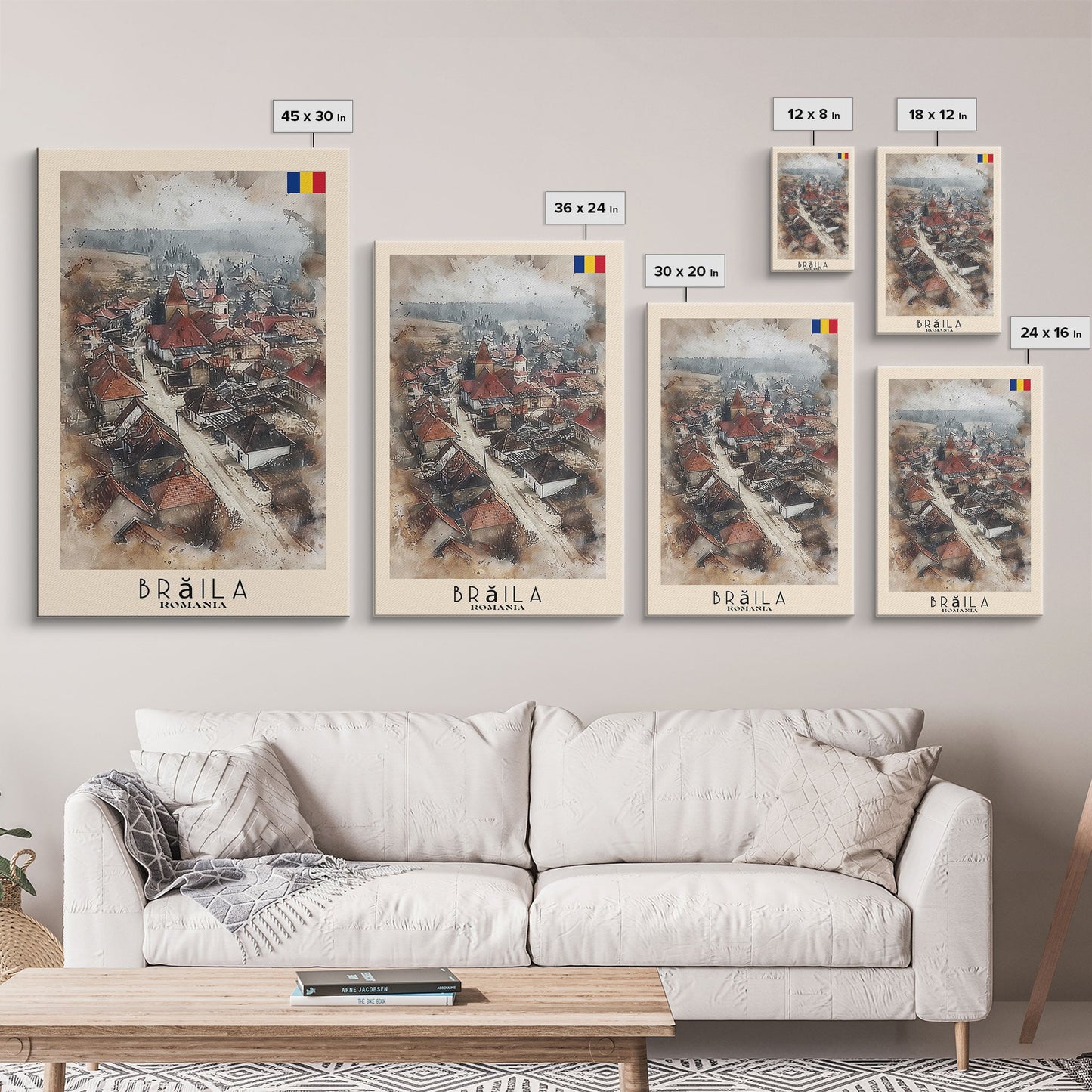 Brăila Romania Travel Poster Framed Canvas Print, Cityscape Art, Wall Decor, Travel Print, Watercolor Painting, Rustic Scene Art