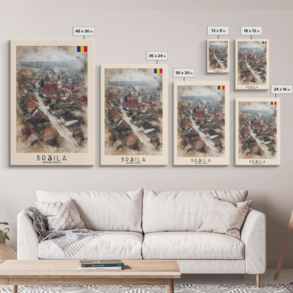 Brăila Romania Travel Poster Framed Canvas Print, Cityscape Art, Wall Decor, Travel Print, Watercolor Painting, Rustic Scene Art