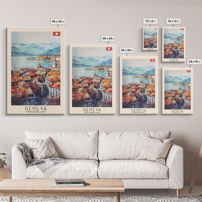 Geneva, Switzerland Travel Poster Art, Framed Canvas Print for Living Room or Bedroom, Scenic Wall Art, Home Decoration