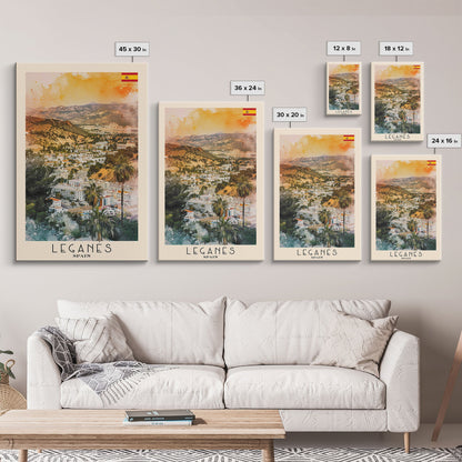 Leganes Spain Travel Poster Framed Canvas Print, Vibrant Cityscape, Watercolor Painting, Wall Art, Home Decor, Travel Print, Artistic Gift