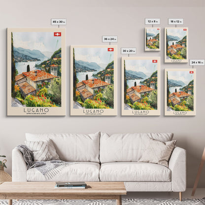 Lugano Switzerland Travel Poster Framed Canvas Print, Lakeside Cityscape, Watercolor Painting, Wall Art, Home Decoration, Travel Print, Artistic Gift