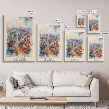 Luton United Kingdom Travel Poster Framed Canvas Print, Vibrant Cityscape, Urban Art, Wall Decor, Interior Design, Travel Print, Unique Art