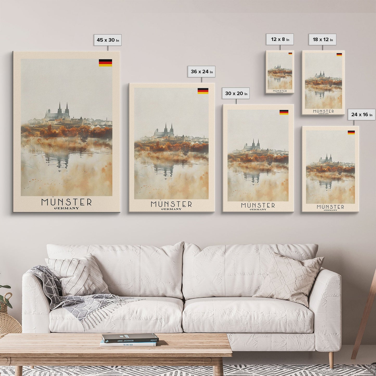 Münster Germany Travel Poster Framed Canvas Print, Historic Architecture, Watercolor Painting, Wall Art, Interior Design, Travel Print, Unique Art