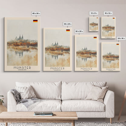 Münster Germany Travel Poster Framed Canvas Print, Historic Architecture, Watercolor Painting, Wall Art, Interior Design, Travel Print, Unique Art