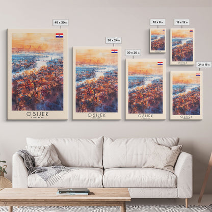 Osijek Croatia Travel Poster Framed Canvas Print, Watercolor Painting, Scenic Wall Art, Home Decor, Croatian Landscape, Rustic Art