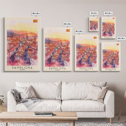 Pamplona Spain Travel Poster Framed Canvas Print, Watercolor Painting, Urban Wall Art, Home Decor, Spanish Architecture, Classic Art