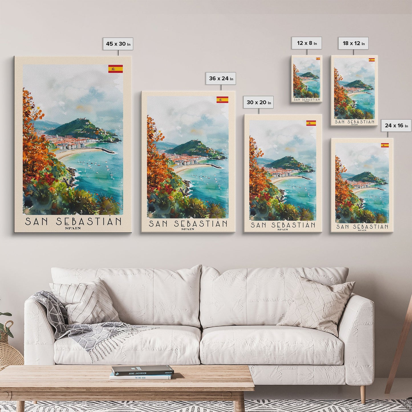 San Sebastian Spain Travel Poster Framed Canvas Print, Watercolor Painting, Coastal Wall Art, Home Decor, Spanish Seaside, Vibrant Art