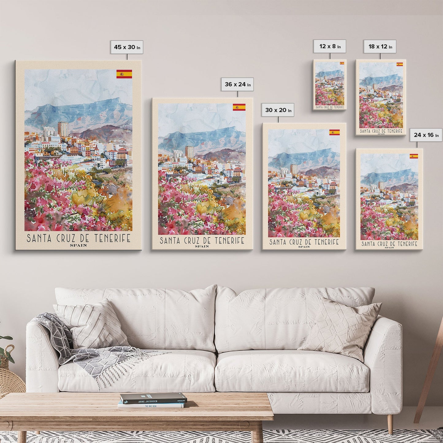 Santa Cruz de Tenerife Spain Travel Poster Framed Canvas Print, Watercolor Painting, Scenic Wall Art, Home Decor, Spanish Landscape, Modern Art