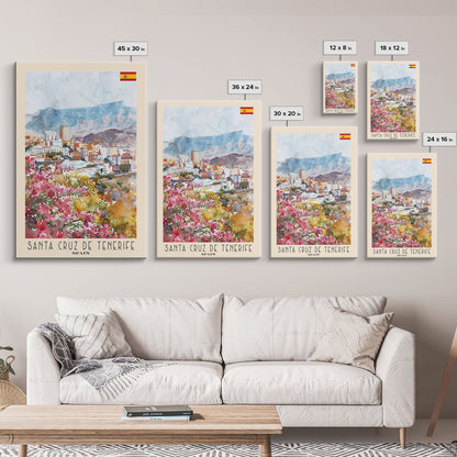 Santa Cruz de Tenerife Spain Travel Poster Framed Canvas Print, Watercolor Painting, Scenic Wall Art, Home Decor, Spanish Landscape, Modern Art
