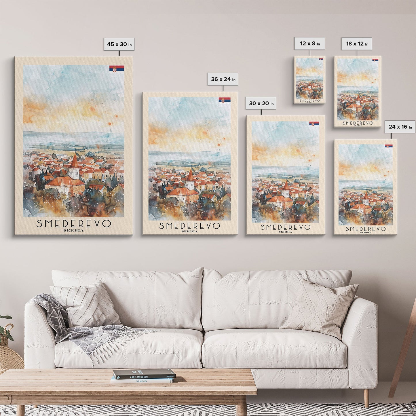 Smederevo Serbia Travel Poster Framed Canvas Print, Watercolor Painting, Scenic Wall Art, Home Decor, Serbian Cityscape, Modern Art