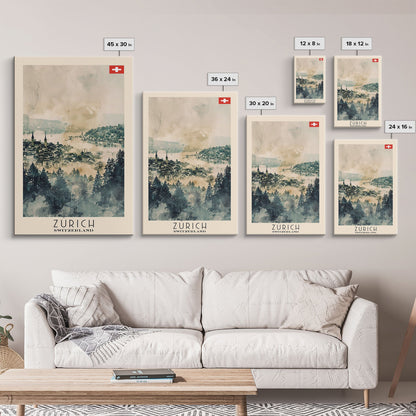 Zurich Switzerland Travel Poster Framed Canvas Print, Watercolor Painting, Urban Wall Art, Home Decor, Swiss Cityscape, Elegant Gift