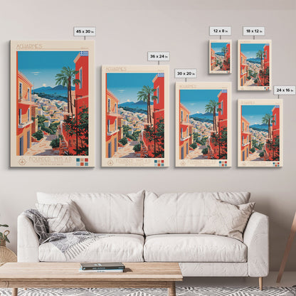 A Coruna Spain Travel Poster Framed Canvas Print, Midcentury Modern Art, Pop Art Home Decor, Scenic View Art, Vacation Gift, Living Room Wall Art, Cultural Print