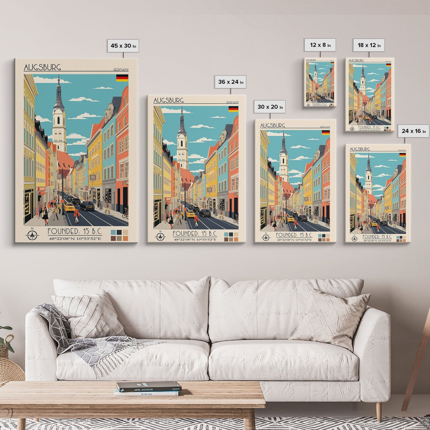 Augsburg Germany Travel Poster Framed Canvas Print, Midcentury Modern Art, Pop Art Wall Decor, Home Decor, Vacation Gift, Living Room Art