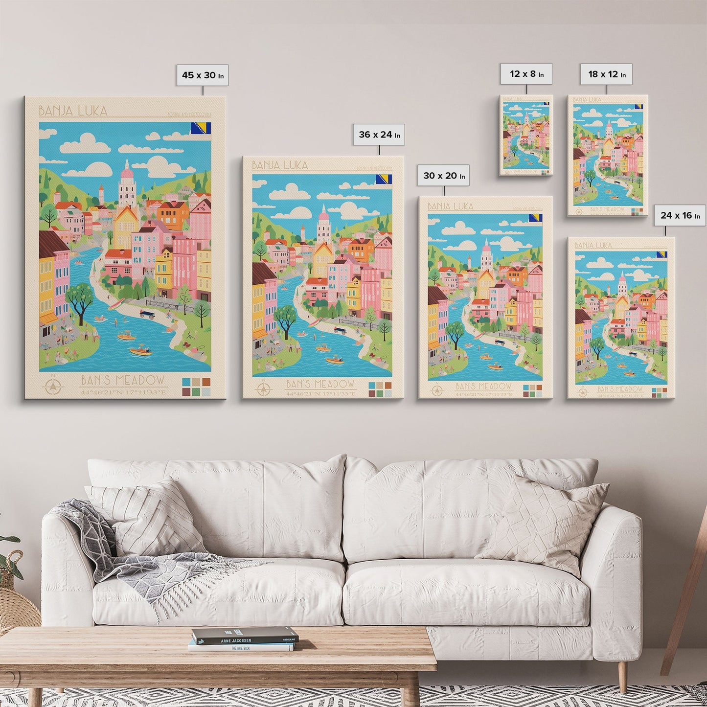 Banja Luka Bosnia Travel Poster Framed Canvas Print, Midcentury Modern Art, Pop Art Wall Decor, Home Decor, Vacation Gift, Living Room Art