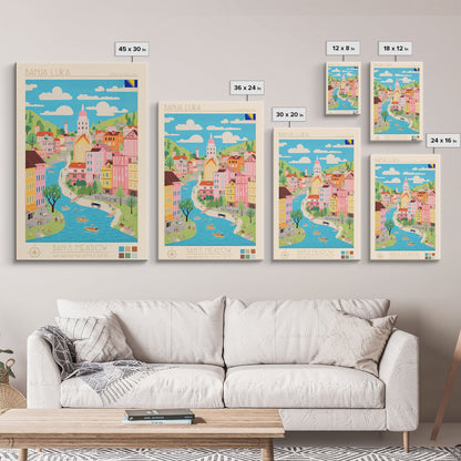 Banja Luka Bosnia Travel Poster Framed Canvas Print, Midcentury Modern Art, Pop Art Wall Decor, Home Decor, Vacation Gift, Living Room Art