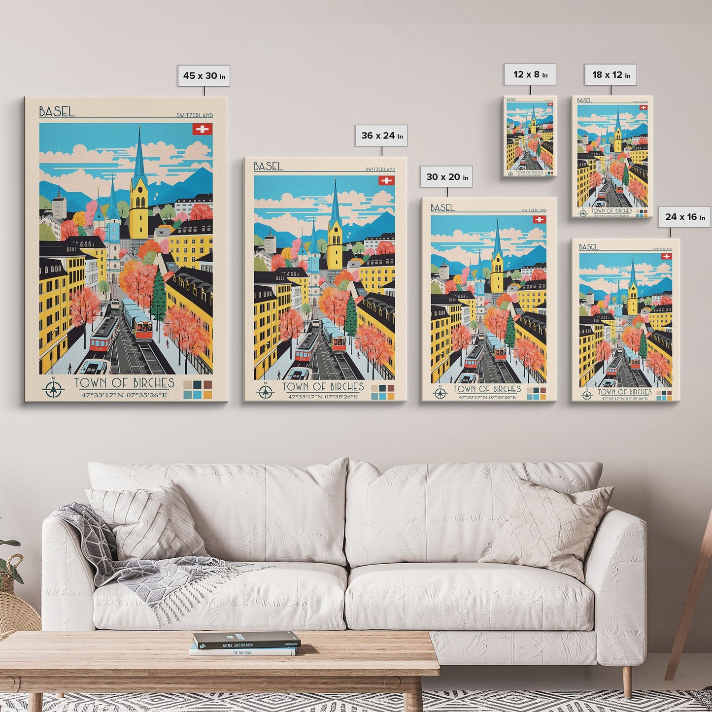 Basel Switzerland Travel Poster Framed Canvas Print, Midcentury Modern Art, Pop Art Wall Decor, Home Decor, Vacation Gift, Living Room Art