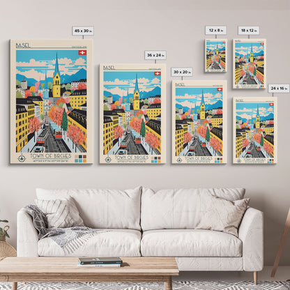 Basel Switzerland Travel Poster Framed Canvas Print, Midcentury Modern Art, Pop Art Wall Decor, Home Decor, Vacation Gift, Living Room Art