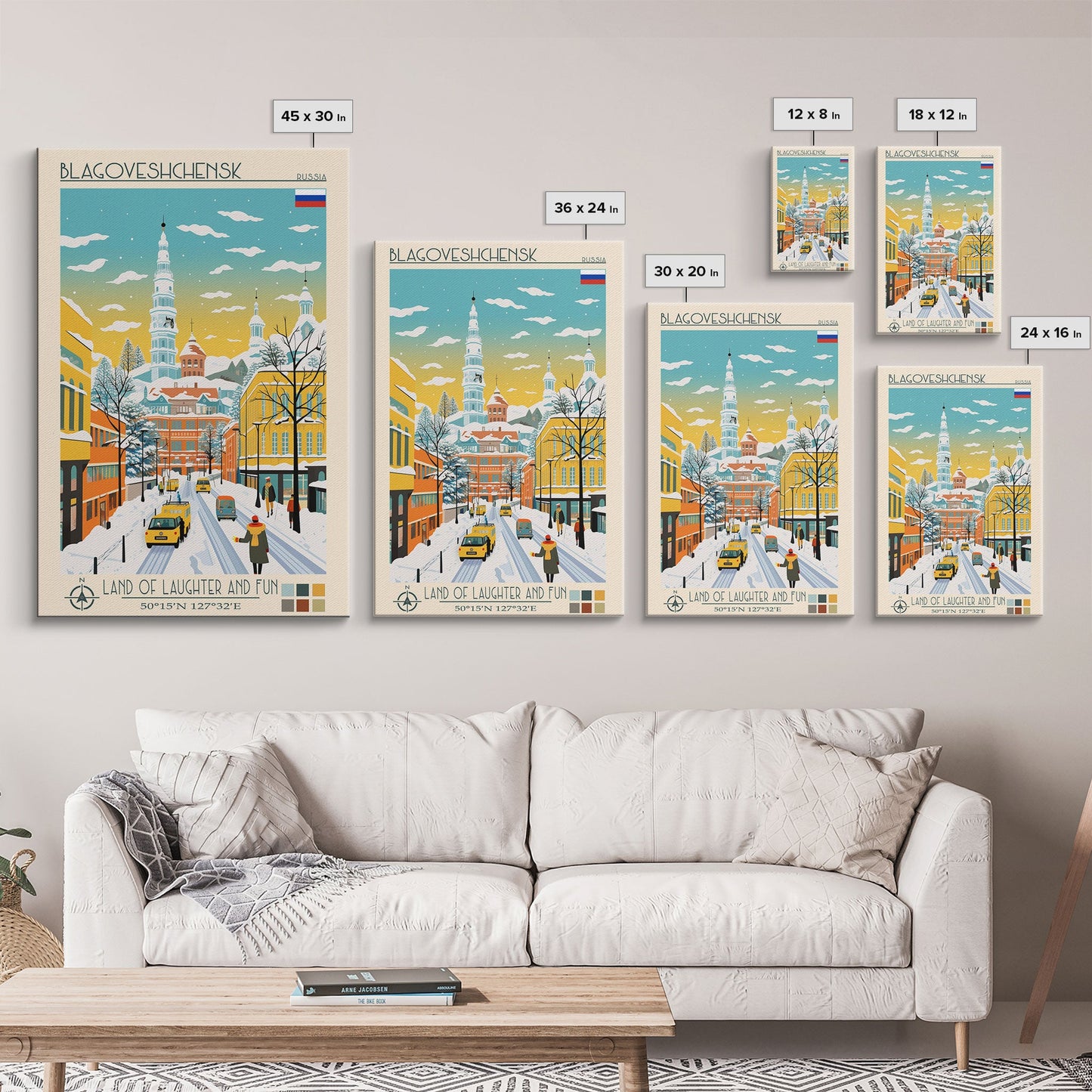 Blagoveshchensk Russia Travel Poster Framed Canvas Print, Midcentury Modern Art, Pop Art Home Decor, Scenic Wall Art, Unique Gift