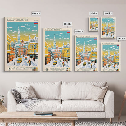 Blagoveshchensk Russia Travel Poster Framed Canvas Print, Midcentury Modern Art, Pop Art Home Decor, Scenic Wall Art, Unique Gift