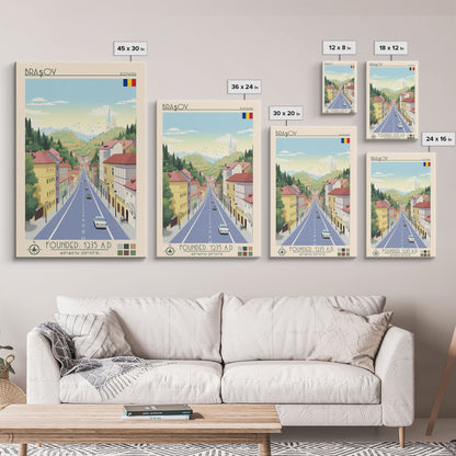 Brașov Romania Travel Poster Framed Canvas Print, Midcentury Modern Art, Pop Art Wall Decor, Home Decor, Vacation Gift, Living Room Art