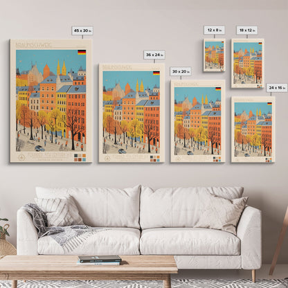 Braunschweig Germany Travel Poster Framed Canvas Print, Midcentury Modern Art, Pop Art Wall Decor, Scenic Wall Art, Home Decor, Living Room Art