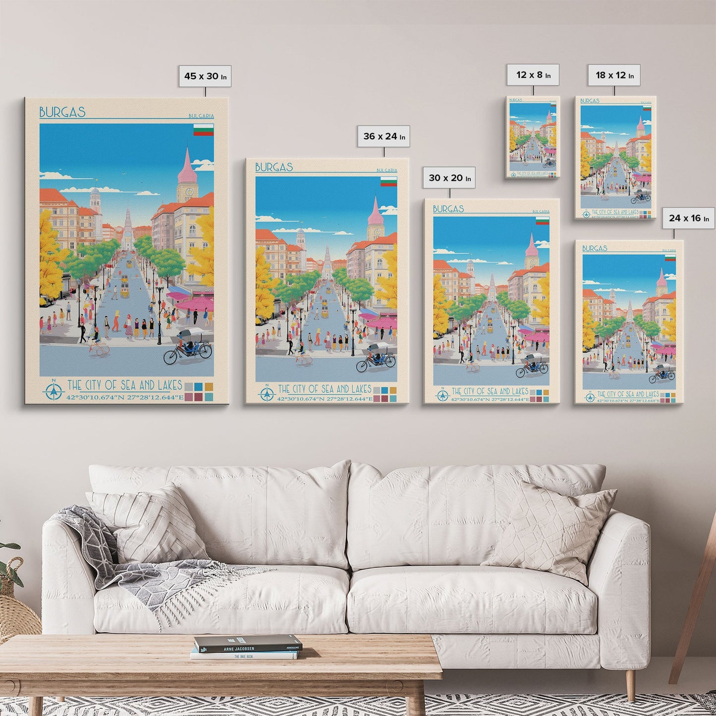 Burgas Bulgaria Travel Poster Framed Canvas Print, Midcentury Modern Art, Pop Art Wall Decor, Home Decor, Vacation Gift, Living Room Art