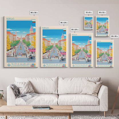 Burgas Bulgaria Travel Poster Framed Canvas Print, Midcentury Modern Art, Pop Art Wall Decor, Home Decor, Vacation Gift, Living Room Art