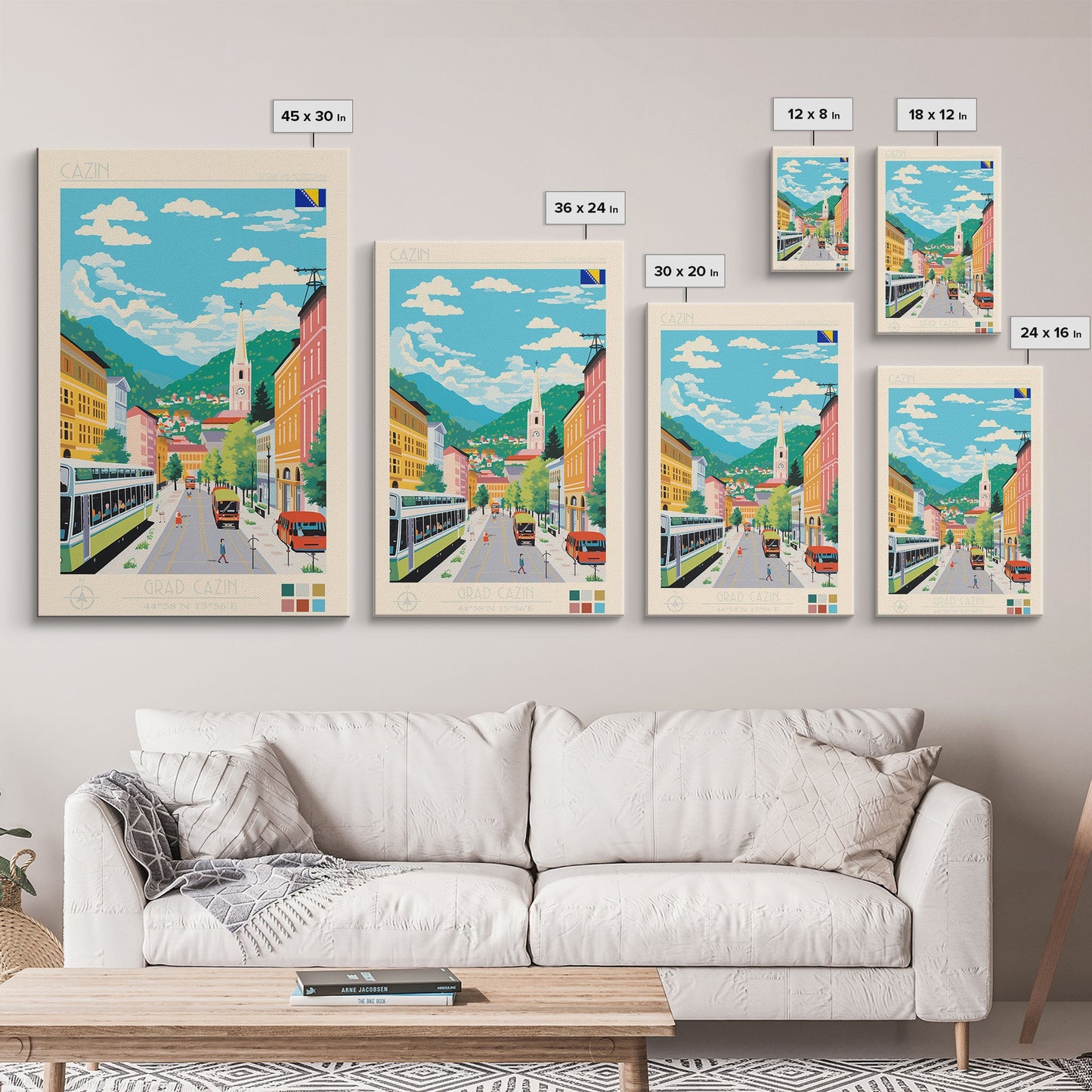 Cazin Bosnia and Herzegovina Travel Poster Framed Canvas Print, Midcentury Modern Art, Pop Art Wall Decor, Home Decor, Living Room Art