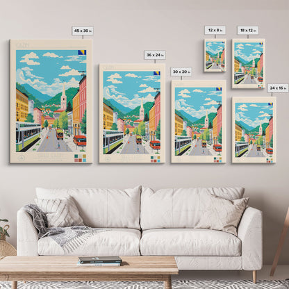 Cazin Bosnia and Herzegovina Travel Poster Framed Canvas Print, Midcentury Modern Art, Pop Art Wall Decor, Home Decor, Living Room Art