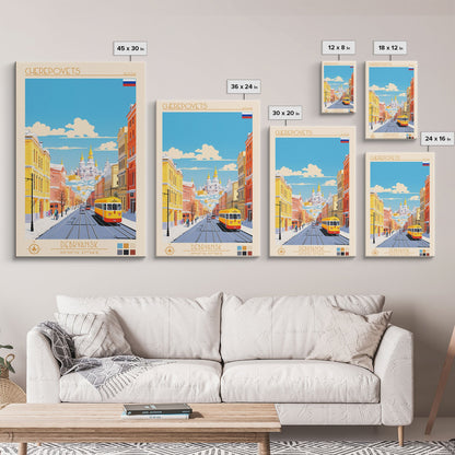 Cherepovets Russia Travel Poster Framed Canvas Print, Midcentury Modern Art, Pop Art Wall Decor, Home Decor, Vacation Gift, Living Room Art