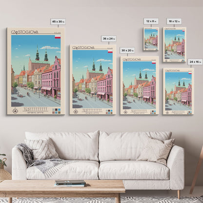 Częstochowa Poland Travel Poster Framed Canvas Print, Midcentury Modern Art, Pop Art Wall Decor, Home Decor, Vacation Gift, Living Room Art