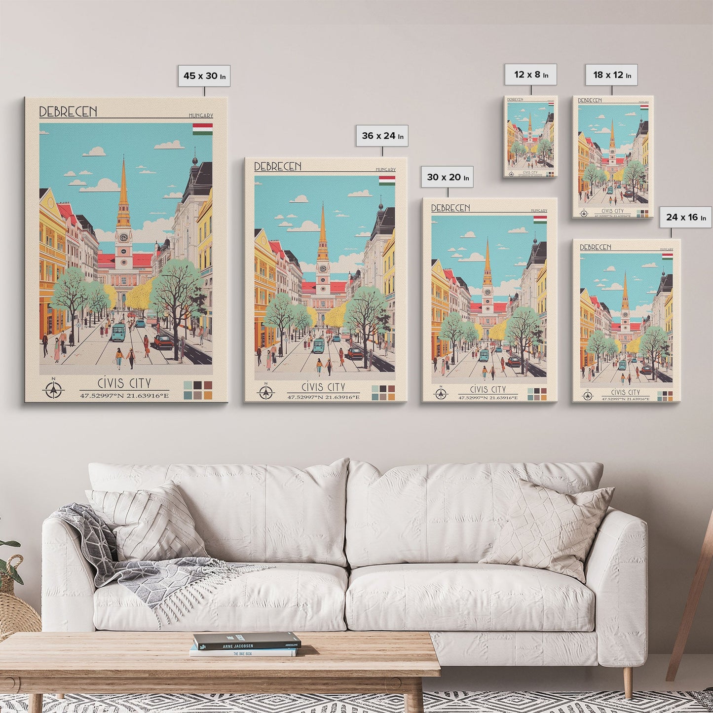 Debrecen Hungary Travel Poster Framed Canvas Print, Midcentury Modern Art, Pop Art Wall Decor, Home Decor, Vacation Gift, Living Room Art