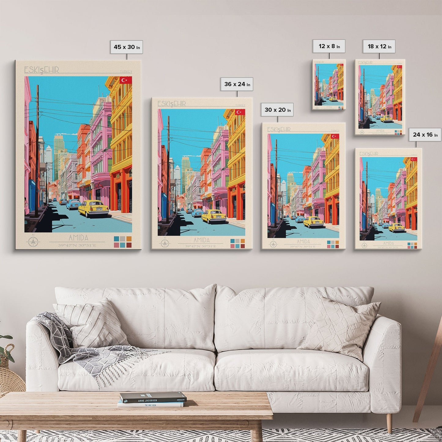 Eskişehir Turkey Travel Poster Framed Canvas Print, Midcentury Modern Art, Pop Art Wall Decor, Scenic Living Room Art, Bedroom Decor