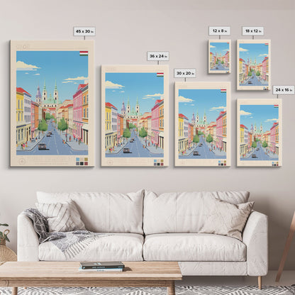 Győr Hungary Travel Poster Framed Canvas Print, Midcentury Modern Art, Pop Art Wall Decor, Scenic Wall Art, Living Room Decoration, Office Gift