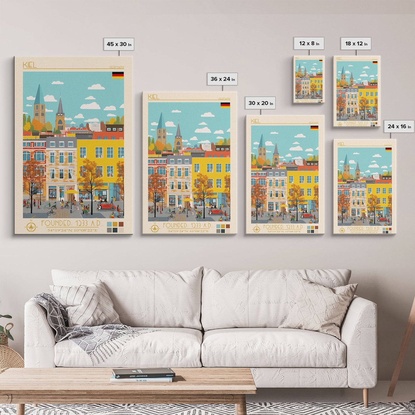 Kiel Germany Travel Poster Framed Canvas Print, Midcentury Modern Art, Pop Art Wall Decor, Scenic Wall Art, Living Room Decoration, Office Art