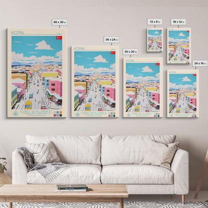 Konya Turkey Travel Poster Framed Canvas Print, Midcentury Modern Art, Pop Art Wall Decor, Scenic Wall Art, Living Room Decoration, Office Art
