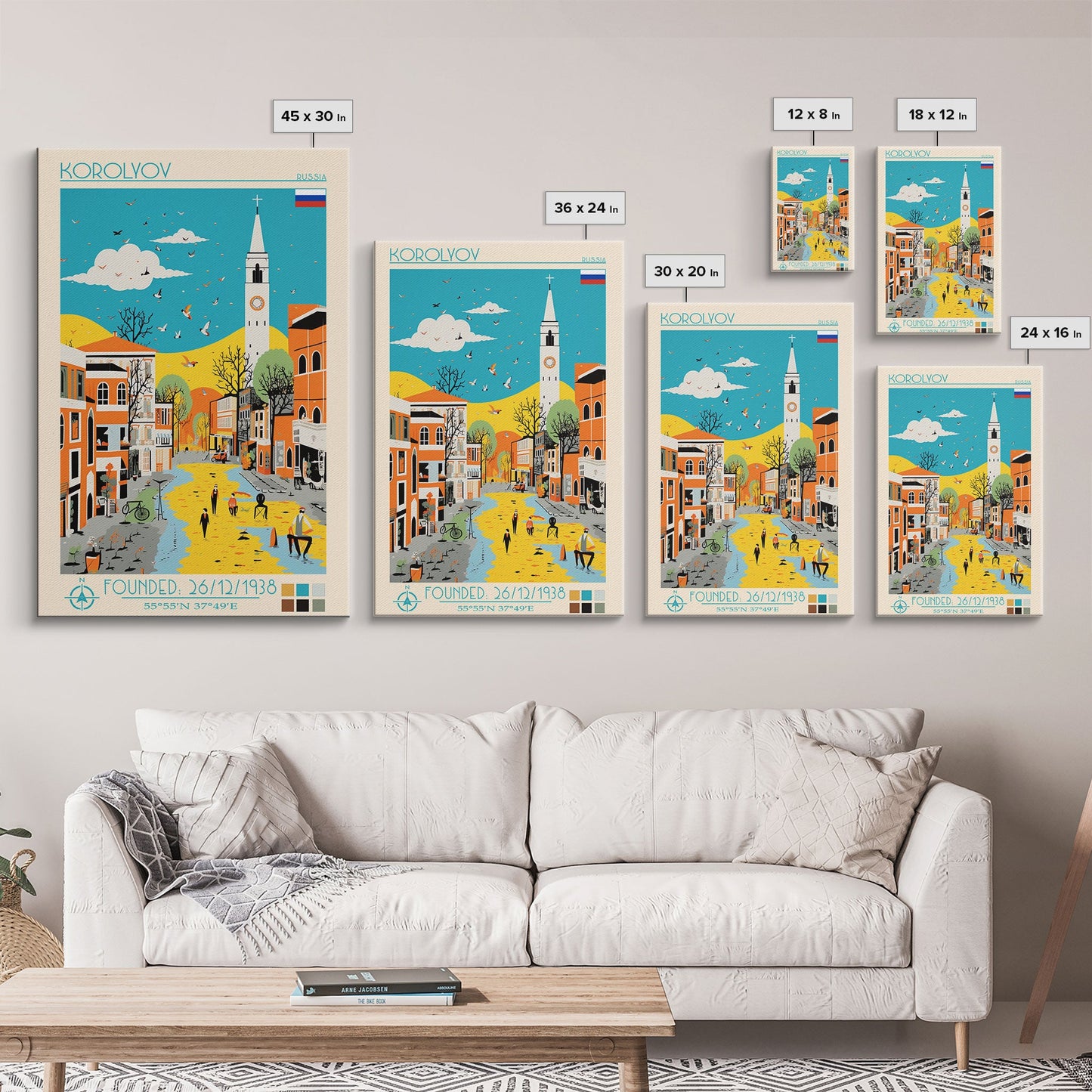 Korolyov Russia Travel Poster Framed Canvas Print, Midcentury Modern Art, Pop Art Wall Decor, Scenic Bedroom Art, Office Decoration