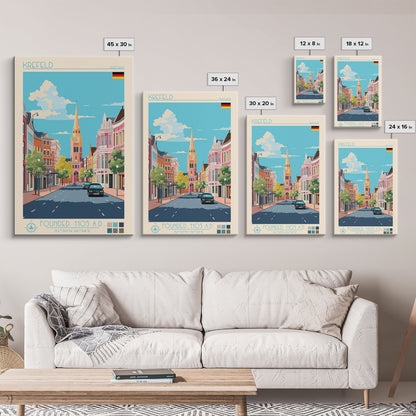 Krefeld Germany Travel Poster Framed Canvas Print, Midcentury Modern Art, Pop Art Wall Decor, Scenic Living Room Art, Bedroom Decor