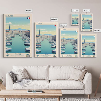 Le Havre France Travel Poster Framed Canvas Print, Midcentury Modern Art, Pop Art Wall Decor, Scenic Bedroom Art, Office Decoration