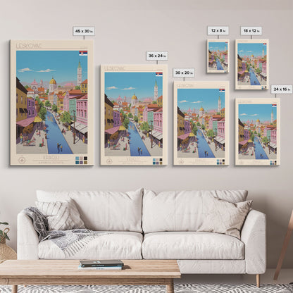 Leskovac Serbia Travel Poster Framed Canvas Print, Midcentury Modern Art, Pop Art Wall Decor, Scenic Wall Art, Living Room Decoration, Office Art