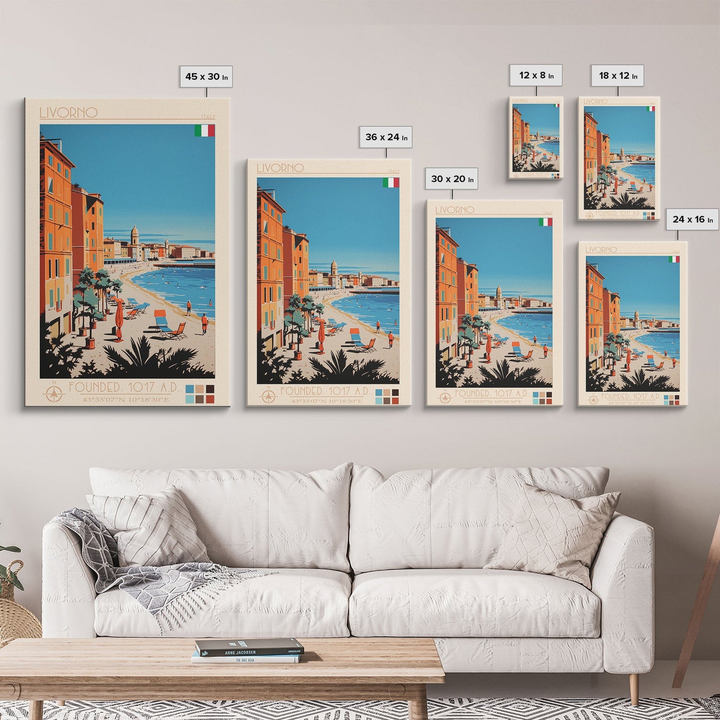 Livorno Italy Travel Poster Framed Canvas Print, Wall Decor, Midcentury Modern Art, Pop Art, Scenic Art for Bedroom and Office