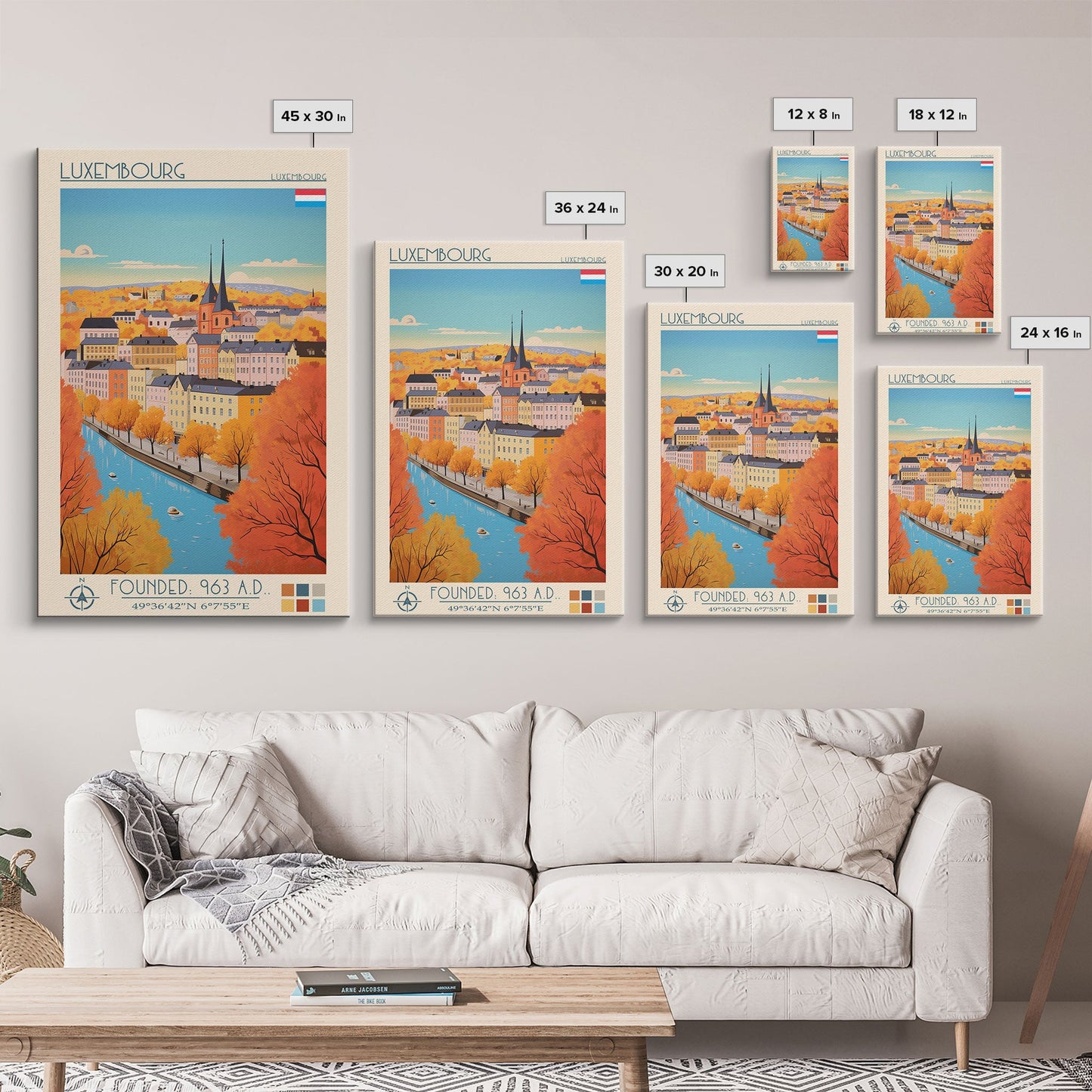Luxembourg Luxembourg Travel Poster Framed Canvas Print, Midcentury Modern Art, Pop Art Wall Decor, Scenic Art, Bedroom and Living Room Decor
