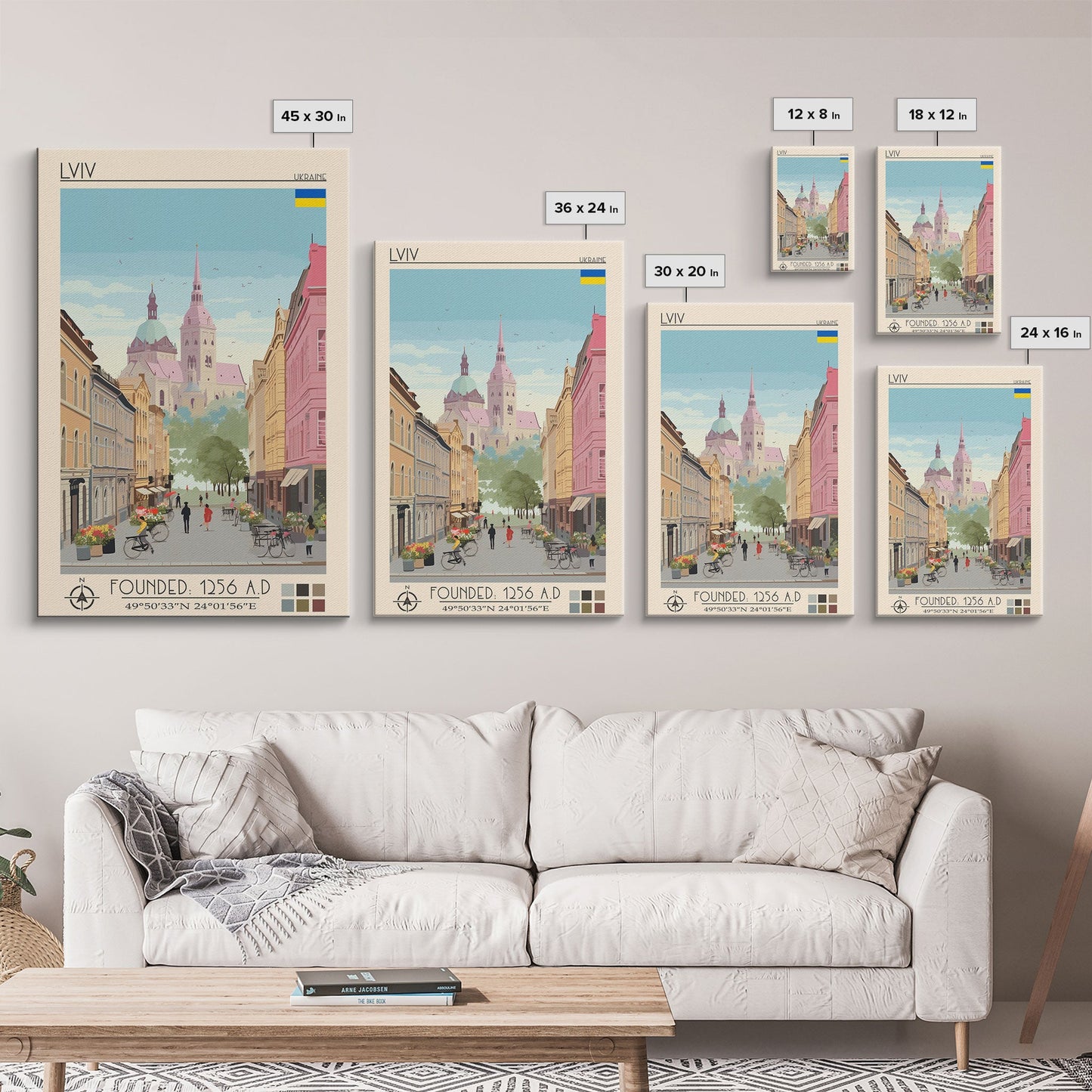 Lviv Ukraine Travel Poster Framed Canvas Print, Wall Decor, Midcentury Modern Art, Pop Art, Scenic Art for Home and Office