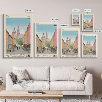 Lviv Ukraine Travel Poster Framed Canvas Print, Wall Decor, Midcentury Modern Art, Pop Art, Scenic Art for Home and Office